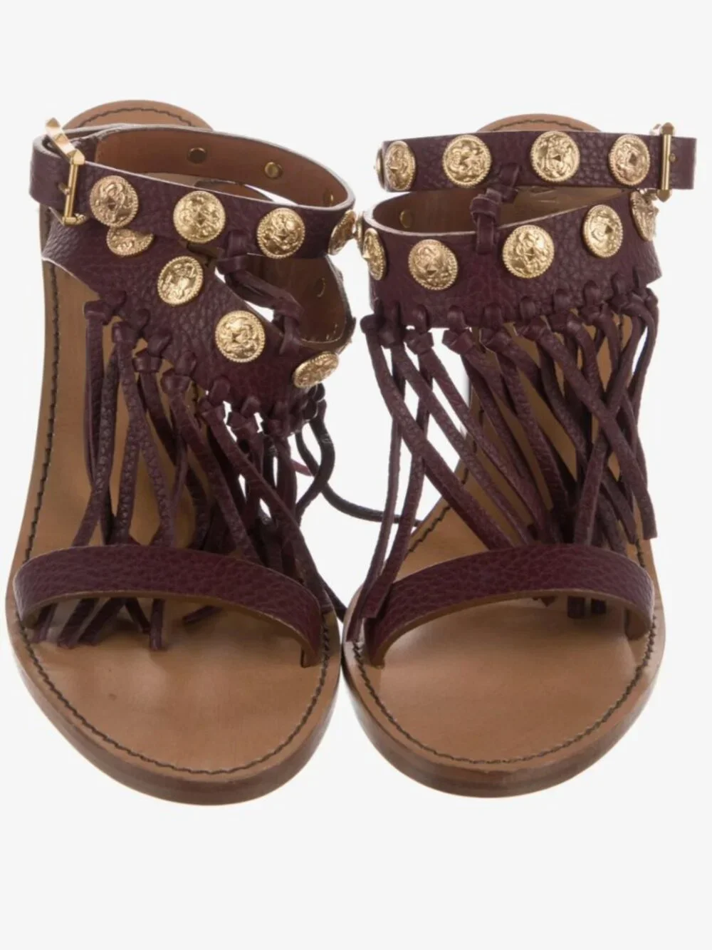 NEW Valentino Brown Chunky Sandals with Gold Coins and Fringe - Size 38